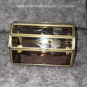 VTG Via Vermont LTD Gorgeous Floral Etched Tinted Glass & Brass Trinket Box 5x3